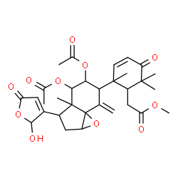 ChemSpider 2D Image | Methyl {2-[4,5-diacetoxy-3-(2-hydroxy-5-oxo-2,5-dihydro-3-furanyl)-3a-methyl-7-methyleneoctahydroindeno[1,7a-b]oxiren-6-yl]-2,6,6-trimethyl-5-oxo-3-cyclohexen-1-yl}acetate | C31H38O11