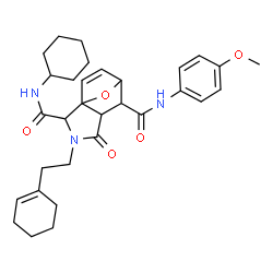 ChemSpider 2D Image | 3-[2-(1-Cyclohexen-1-yl)ethyl]-N~2~-cyclohexyl-N~6~-(4-methoxyphenyl)-4-oxo-10-oxa-3-azatricyclo[5.2.1.0~1,5~]dec-8-ene-2,6-dicarboxamide | C31H39N3O5