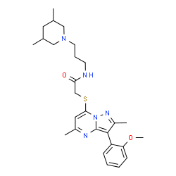 ChemSpider 2D Image | N-[3-(3,5-Dimethyl-1-piperidinyl)propyl]-2-{[3-(2-methoxyphenyl)-2,5-dimethylpyrazolo[1,5-a]pyrimidin-7-yl]sulfanyl}acetamide | C27H37N5O2S