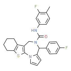 ChemSpider 2D Image | N-(3-Fluoro-4-methylphenyl)-4-(4-fluorophenyl)-7,8,9,10-tetrahydro-4H-[1]benzothieno[3,2-f]pyrrolo[1,2-a][1,4]diazepine-5(6H)-carboxamide | C28H25F2N3OS