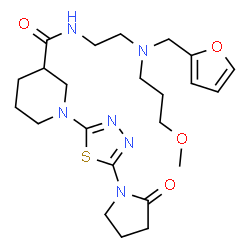 ChemSpider 2D Image | N-{2-[(2-Furylmethyl)(3-methoxypropyl)amino]ethyl}-1-[5-(2-oxo-1-pyrrolidinyl)-1,3,4-thiadiazol-2-yl]-3-piperidinecarboxamide | C23H34N6O4S