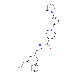 ChemSpider 2D Image | N-{2-[(2-Furylmethyl)(3-methoxypropyl)amino]ethyl}-1-[5-(2-oxo-1-pyrrolidinyl)-1,3,4-thiadiazol-2-yl]-4-piperidinecarboxamide | C23H34N6O4S