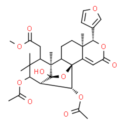 ChemSpider 2D Image | Methyl [(1S,6R,7R,11S,15R,18R)-14,18-diacetoxy-6-(3-furyl)-16-hydroxy-7,11,13,13-tetramethyl-4-oxo-5,17-dioxapentacyclo[13.2.1.0~1,10~.0~2,7~.0~11,16~]octadec-2-en-12-yl]acetate | C31H38O11