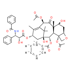 ChemSpider 2D Image | (2alpha,5beta,7beta,10beta,13alpha)-4,10-Diacetoxy-13-{[(2R,3S)-3-(benzoylamino)-2-hydroxy-3-phenylpropanoyl]oxy}-1,7-dihydroxy-9-oxo-5,20-epoxytax-11-en-2-yl (~14~C_6_)benzoate | C4114C6H51NO14