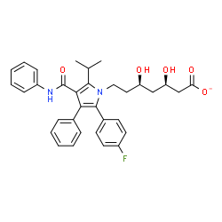 ChemSpider 2D Image | (3R,5R)-7-[2-(4-Fluorophenyl)-5-isopropyl-3-phenyl-4-(phenylcarbamoyl)-1H-pyrrol-1-yl]-3,5-dihydroxyheptanoate | C33H34FN2O5