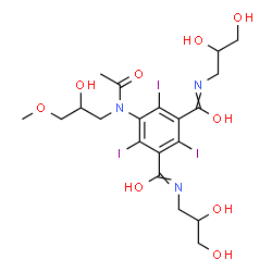 ChemSpider 2D Image | 5-[Acetyl(2-hydroxy-3-methoxypropyl)amino]-N,N'-bis(2,3-dihydroxypropyl)-2,4,6-triiodoisophthalamide | C20H28I3N3O9