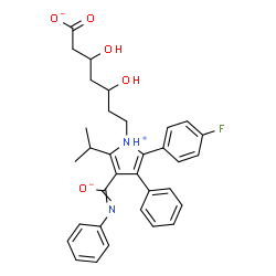 ChemSpider 2D Image | 7-[2-(4-Fluorophenyl)-5-isopropyl-3-phenyl-4-(phenylcarboximidato)-1H-pyrrolium-1-yl]-3,5-dihydroxyheptanoate | C33H34FN2O5