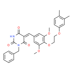 ChemSpider 2D Image | (5Z)-1-Benzyl-5-{4-[2-(3,4-dimethylphenoxy)ethoxy]-3,5-dimethoxybenzylidene}-2,4,6(1H,3H,5H)-pyrimidinetrione | C30H30N2O7