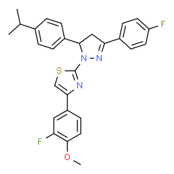 ChemSpider 2D Image | 4-(3-Fluoro-4-methoxyphenyl)-2-[3-(4-fluorophenyl)-5-(4-isopropylphenyl)-4,5-dihydro-1H-pyrazol-1-yl]-1,3-thiazole | C28H25F2N3OS