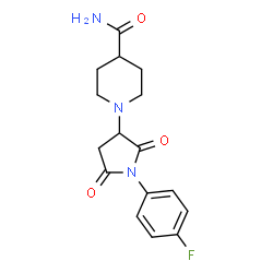 ChemSpider 2D Image | 1-[1-(4-Fluorophenyl)-2,5-dioxo-3-pyrrolidinyl]-4-piperidinecarboxamide | C16H18FN3O3