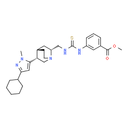 ChemSpider 2D Image | Methyl 3-[({[(2R,4S,5R)-5-(3-cyclohexyl-1-methyl-1H-pyrazol-5-yl)-1-azabicyclo[2.2.2]oct-2-yl]methyl}carbamothioyl)amino]benzoate | C27H37N5O2S