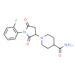 ChemSpider 2D Image | 1-[1-(2-Fluorophenyl)-2,5-dioxo-3-pyrrolidinyl]-4-piperidinecarboxamide | C16H18FN3O3