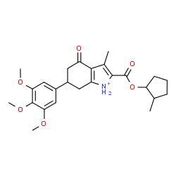 ChemSpider 2D Image | 3-Methyl-2-{[(2-methylcyclopentyl)oxy]carbonyl}-4-oxo-6-(3,4,5-trimethoxyphenyl)-4,5,6,7-tetrahydro-1H-indolium | C25H32NO6