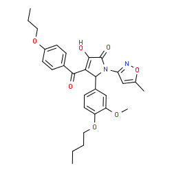 ChemSpider 2D Image | 5-(4-Butoxy-3-methoxyphenyl)-3-hydroxy-1-(5-methyl-1,2-oxazol-3-yl)-4-(4-propoxybenzoyl)-1,5-dihydro-2H-pyrrol-2-one | C29H32N2O7