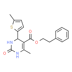ChemSpider 2D Image | 2-Phenylethyl 6-methyl-4-(5-methyl-2-thienyl)-2-oxo-1,2,3,4-tetrahydro-5-pyrimidinecarboxylate | C19H20N2O3S