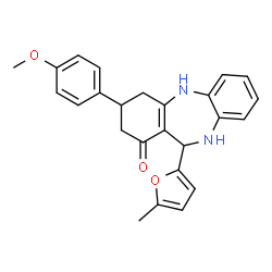 ChemSpider 2D Image | 3-(4-Methoxyphenyl)-11-(5-methyl-2-furyl)-2,3,4,5,10,11-hexahydro-1H-dibenzo[b,e][1,4]diazepin-1-one | C25H24N2O3