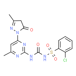 ChemSpider 2D Image | 2-Chloro-N-{[4-methyl-6-(3-methyl-5-oxo-4,5-dihydro-1H-pyrazol-1-yl)-2-pyrimidinyl]carbamoyl}benzenesulfonamide | C16H15ClN6O4S