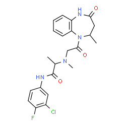 ChemSpider 2D Image | N-(3-Chloro-4-fluorophenyl)-N~2~-methyl-N~2~-[2-(2-methyl-4-oxo-2,3,4,5-tetrahydro-1H-1,5-benzodiazepin-1-yl)-2-oxoethyl]alaninamide | C22H24ClFN4O3
