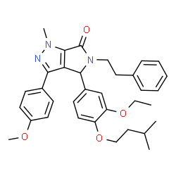 ChemSpider 2D Image | 4-[3-Ethoxy-4-(3-methylbutoxy)phenyl]-3-(4-methoxyphenyl)-1-methyl-5-(2-phenylethyl)-4,5-dihydropyrrolo[3,4-c]pyrazol-6(1H)-one | C34H39N3O4