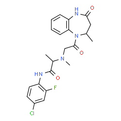 ChemSpider 2D Image | N-(4-Chloro-2-fluorophenyl)-N~2~-methyl-N~2~-[2-(2-methyl-4-oxo-2,3,4,5-tetrahydro-1H-1,5-benzodiazepin-1-yl)-2-oxoethyl]alaninamide | C22H24ClFN4O3