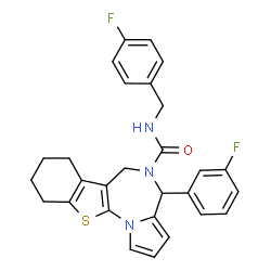 ChemSpider 2D Image | N-(4-Fluorobenzyl)-4-(3-fluorophenyl)-7,8,9,10-tetrahydro-4H-[1]benzothieno[3,2-f]pyrrolo[1,2-a][1,4]diazepine-5(6H)-carboxamide | C28H25F2N3OS