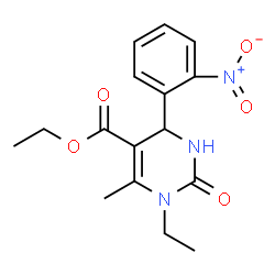 ChemSpider 2D Image | Ethyl 1-ethyl-6-methyl-4-(2-nitrophenyl)-2-oxo-1,2,3,4-tetrahydro-5-pyrimidinecarboxylate | C16H19N3O5