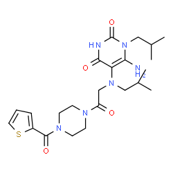 ChemSpider 2D Image | 6-Amino-1-isobutyl-5-(isobutyl{2-oxo-2-[4-(2-thienylcarbonyl)-1-piperazinyl]ethyl}amino)-2,4(1H,3H)-pyrimidinedione | C23H34N6O4S