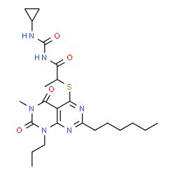 ChemSpider 2D Image | N-(Cyclopropylcarbamoyl)-2-[(2-hexyl-6-methyl-5,7-dioxo-8-propyl-5,6,7,8-tetrahydropyrimido[4,5-d]pyrimidin-4-yl)sulfanyl]propanamide | C23H34N6O4S