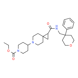ChemSpider 2D Image | Ethyl 4-(1-{[(4-phenyltetrahydro-2H-pyran-4-yl)methyl]carbamoyl}-6-azaspiro[2.5]oct-6-yl)-1-piperidinecarboxylate | C28H41N3O4