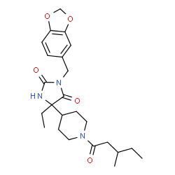 ChemSpider 2D Image | 3-(1,3-Benzodioxol-5-ylmethyl)-5-ethyl-5-[1-(3-methylpentanoyl)-4-piperidinyl]-2,4-imidazolidinedione | C24H33N3O5