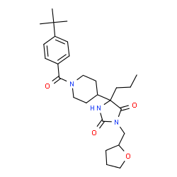 ChemSpider 2D Image | 5-{1-[4-(2-Methyl-2-propanyl)benzoyl]-4-piperidinyl}-5-propyl-3-(tetrahydro-2-furanylmethyl)-2,4-imidazolidinedione | C27H39N3O4