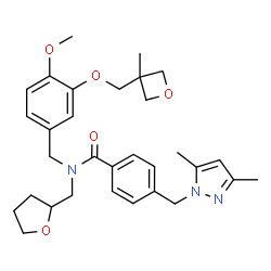 ChemSpider 2D Image | 4-[(3,5-Dimethyl-1H-pyrazol-1-yl)methyl]-N-{4-methoxy-3-[(3-methyl-3-oxetanyl)methoxy]benzyl}-N-(tetrahydro-2-furanylmethyl)benzamide | C31H39N3O5