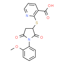 ChemSpider 2D Image | 2-{[1-(2-Methoxyphenyl)-2,5-dioxo-3-pyrrolidinyl]sulfanyl}nicotinic acid | C17H14N2O5S