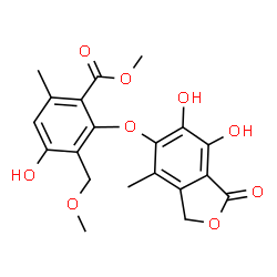 ChemSpider 2D Image | Methyl 2-[(6,7-dihydroxy-4-methyl-1-oxo-1,3-dihydro-2-benzofuran-5-yl)oxy]-4-hydroxy-3-(methoxymethyl)-6-methylbenzoate | C20H20O9