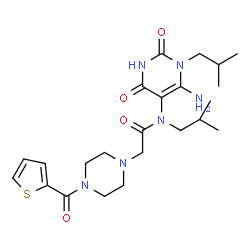 ChemSpider 2D Image | N-(6-Amino-1-isobutyl-2,4-dioxo-1,2,3,4-tetrahydro-5-pyrimidinyl)-N-isobutyl-2-[4-(2-thienylcarbonyl)-1-piperazinyl]acetamide | C23H34N6O4S