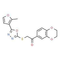 ChemSpider 2D Image | 1-(2,3-Dihydro-1,4-benzodioxin-6-yl)-2-{[5-(2-methyl-3-furyl)-1,3,4-oxadiazol-2-yl]sulfanyl}ethanone | C17H14N2O5S