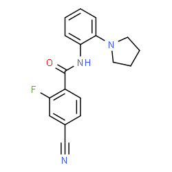 ChemSpider 2D Image | 4-Cyano-2-fluoro-N-[2-(1-pyrrolidinyl)phenyl]benzamide | C18H16FN3O