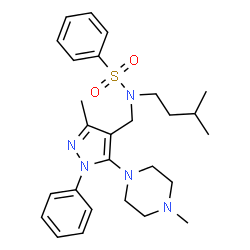 ChemSpider 2D Image | N-(3-Methylbutyl)-N-{[3-methyl-5-(4-methyl-1-piperazinyl)-1-phenyl-1H-pyrazol-4-yl]methyl}benzenesulfonamide | C27H37N5O2S