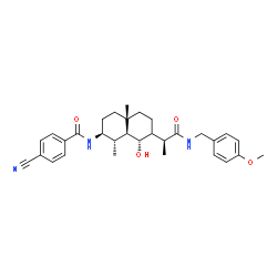 ChemSpider 2D Image | 4-Cyano-N-[(1S,2S,8S,8aS)-8-hydroxy-7-{(2S)-1-[(4-methoxybenzyl)amino]-1-oxo-2-propanyl}-1,4a-dimethyldecahydro-2-naphthalenyl]benzamide | C31H39N3O4