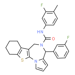ChemSpider 2D Image | N-(3-Fluoro-4-methylphenyl)-4-(3-fluorophenyl)-7,8,9,10-tetrahydro-4H-[1]benzothieno[3,2-f]pyrrolo[1,2-a][1,4]diazepine-5(6H)-carboxamide | C28H25F2N3OS