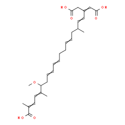ChemSpider 2D Image | 20-(Carboxymethyl)-6-methoxy-2,5,17-trimethyl-2,4,8,10,14,18,20-docosaheptaenedioic acid | C28H38O7