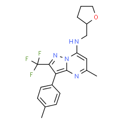 ChemSpider 2D Image | 5-Methyl-3-(4-methylphenyl)-N-(tetrahydro-2-furanylmethyl)-2-(trifluoromethyl)pyrazolo[1,5-a]pyrimidin-7-amine | C20H21F3N4O