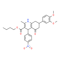 ChemSpider 2D Image | Butyl 7-(3,4-dimethoxyphenyl)-2-methyl-4-(4-nitrophenyl)-5-oxo-1,4,5,6,7,8-hexahydro-3-quinolinecarboxylate | C29H32N2O7