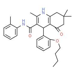 ChemSpider 2D Image | 4-(2-Butoxyphenyl)-2,7,7-trimethyl-N-(2-methylphenyl)-5-oxo-1,4,5,6,7,8-hexahydro-3-quinolinecarboxamide | C30H36N2O3