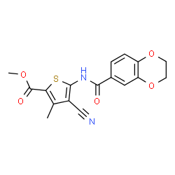 ChemSpider 2D Image | Methyl 4-cyano-5-[(2,3-dihydro-1,4-benzodioxin-6-ylcarbonyl)amino]-3-methyl-2-thiophenecarboxylate | C17H14N2O5S