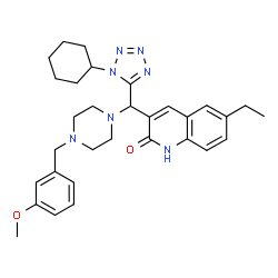 ChemSpider 2D Image | 3-{(1-Cyclohexyl-1H-tetrazol-5-yl)[4-(3-methoxybenzyl)-1-piperazinyl]methyl}-6-ethyl-2(1H)-quinolinone | C31H39N7O2