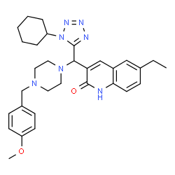 ChemSpider 2D Image | 3-{(1-Cyclohexyl-1H-tetrazol-5-yl)[4-(4-methoxybenzyl)-1-piperazinyl]methyl}-6-ethyl-2(1H)-quinolinone | C31H39N7O2