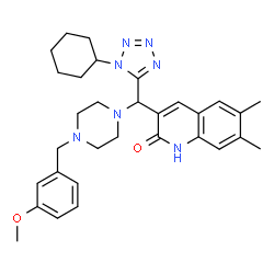 ChemSpider 2D Image | 3-{(1-Cyclohexyl-1H-tetrazol-5-yl)[4-(3-methoxybenzyl)-1-piperazinyl]methyl}-6,7-dimethyl-2(1H)-quinolinone | C31H39N7O2