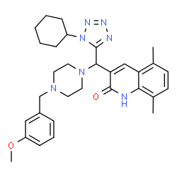 ChemSpider 2D Image | 3-{(1-Cyclohexyl-1H-tetrazol-5-yl)[4-(3-methoxybenzyl)-1-piperazinyl]methyl}-5,8-dimethyl-2(1H)-quinolinone | C31H39N7O2