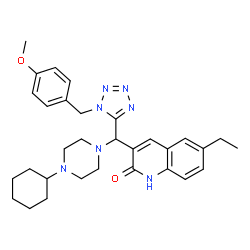 ChemSpider 2D Image | 3-{(4-Cyclohexyl-1-piperazinyl)[1-(4-methoxybenzyl)-1H-tetrazol-5-yl]methyl}-6-ethyl-2(1H)-quinolinone | C31H39N7O2